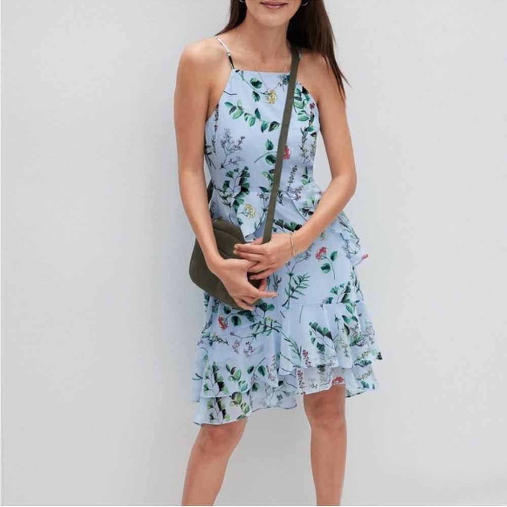 Banana Republic Chiffon Floral Ruffle High Low Lined Dress